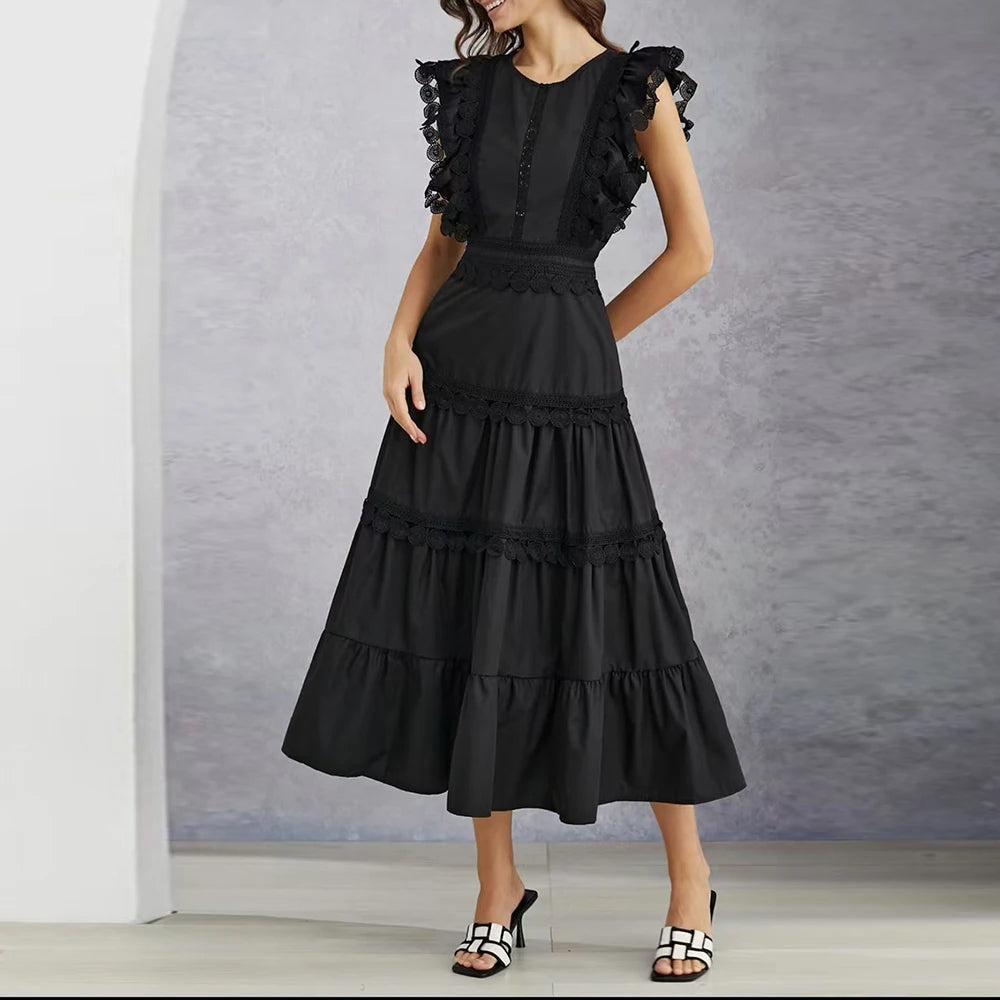 Timeless Richelieu Lace Ruffle Dress – Elegant Summer Midi for Women