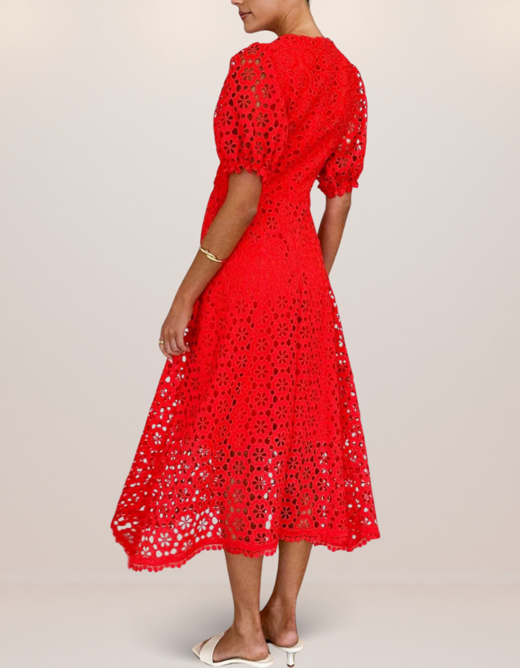 Eyelet Lace V-Neck Midi Dress with Puff Sleeves