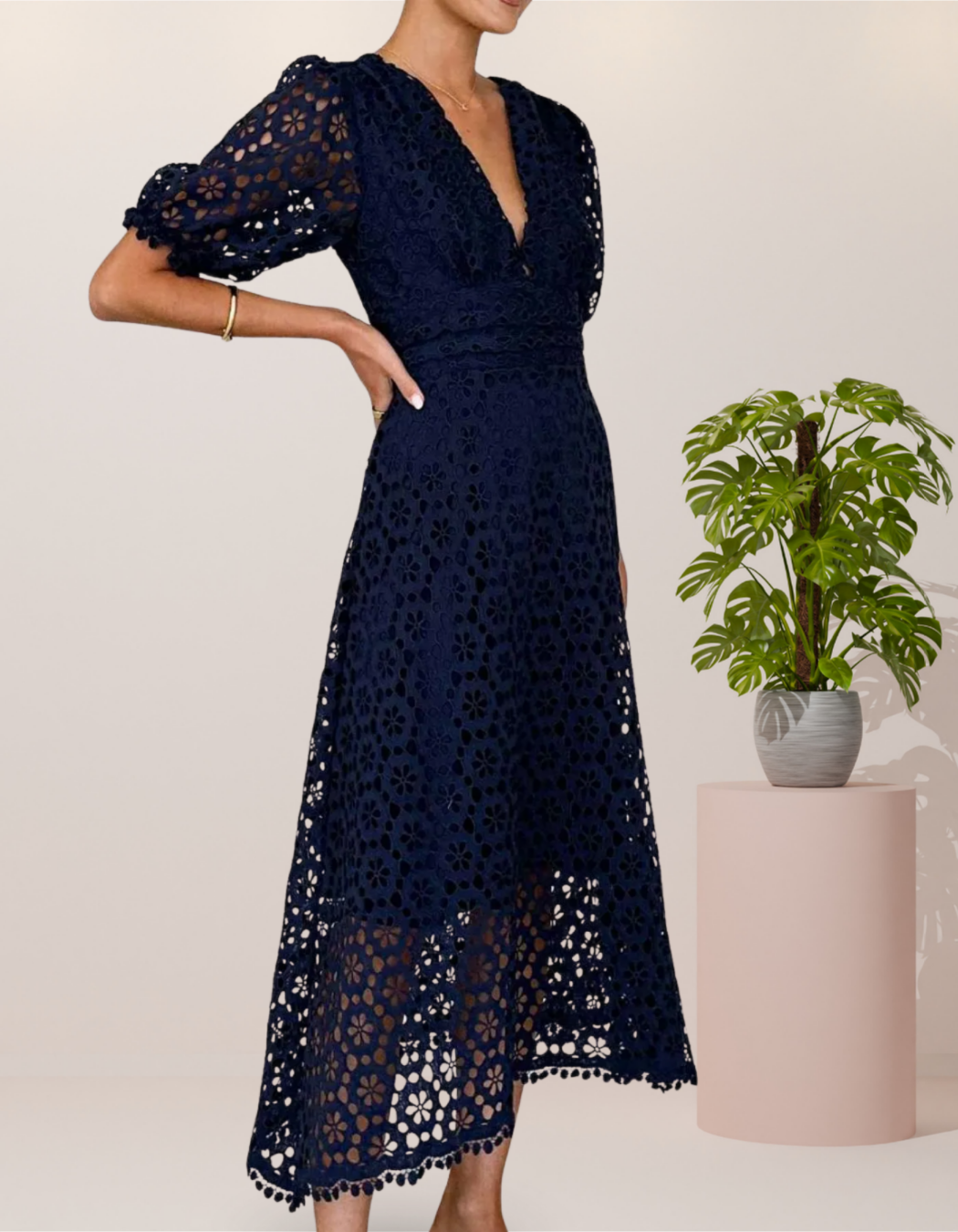Eyelet Lace V-Neck Midi Dress with Puff Sleeves