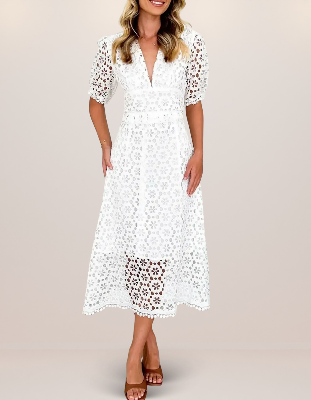 Eyelet Lace V-Neck Midi Dress with Puff Sleeves