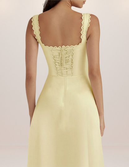 Scalloped V-Neck Midi Dress with Back Lace-Up