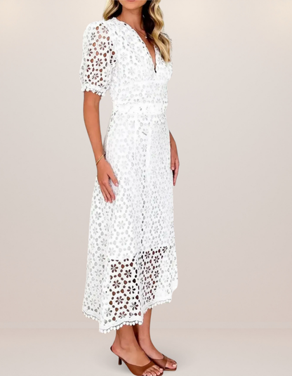 Eyelet Lace V-Neck Midi Dress with Puff Sleeves