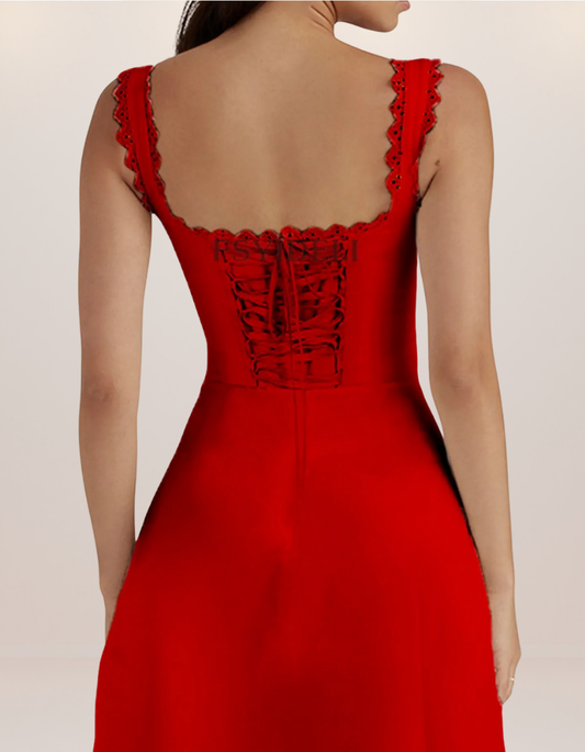 Scalloped V-Neck Midi Dress with Back Lace-Up