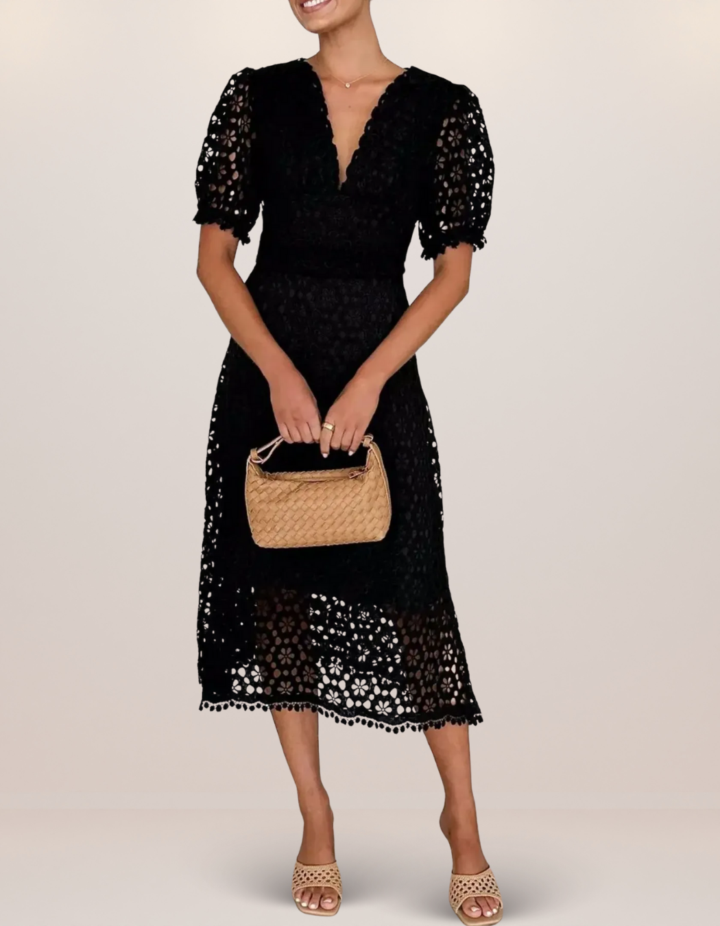 Eyelet Lace V-Neck Midi Dress with Puff Sleeves
