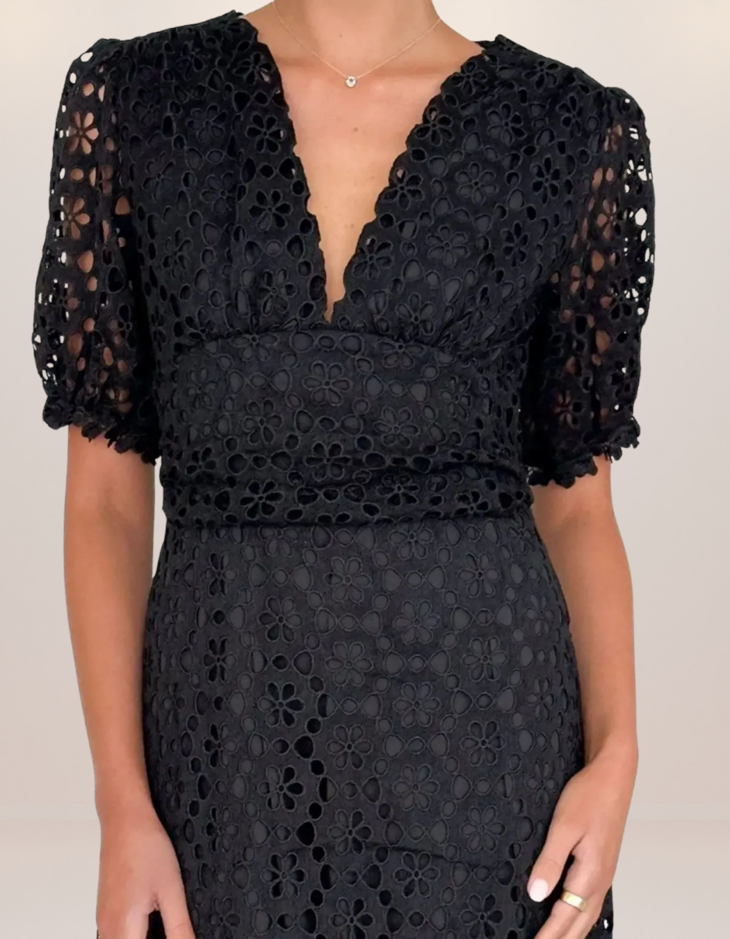 Eyelet Lace V-Neck Midi Dress with Puff Sleeves