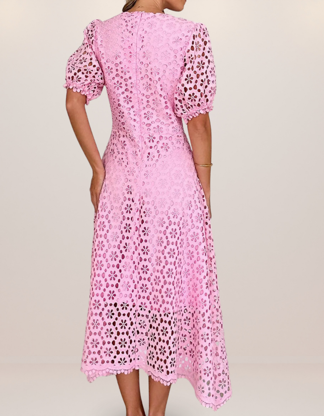 Eyelet Lace V-Neck Midi Dress with Puff Sleeves