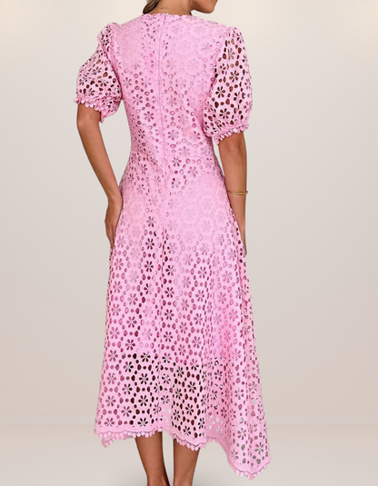 Eyelet Lace V-Neck Midi Dress with Puff Sleeves