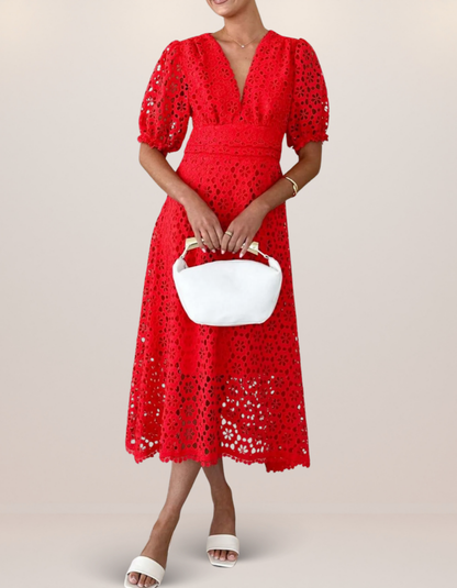 Eyelet Lace V-Neck Midi Dress with Puff Sleeves