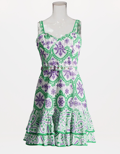 Sophisticated Sleeveless Patchwork Mini Dress with Belted High Waist