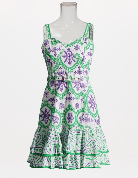 Sophisticated Sleeveless Patchwork Mini Dress with Belted High Waist