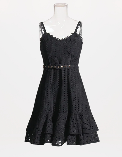 Sophisticated Sleeveless Patchwork Mini Dress with Belted High Waist