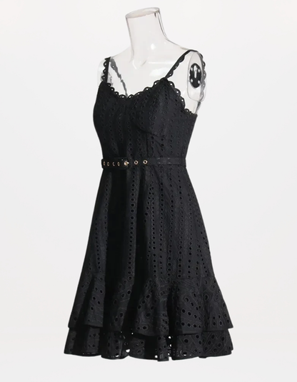 Sophisticated Sleeveless Patchwork Mini Dress with Belted High Waist