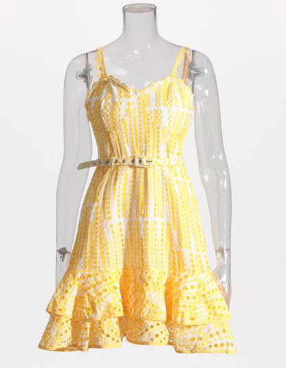 Sophisticated Sleeveless Patchwork Mini Dress with Belted High Waist