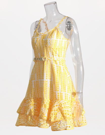 Sophisticated Sleeveless Patchwork Mini Dress with Belted High Waist