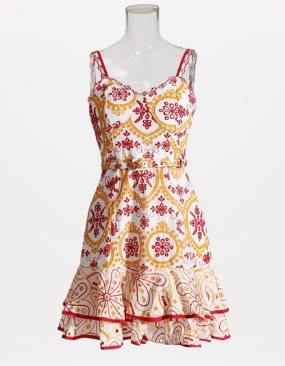 Sophisticated Sleeveless Patchwork Mini Dress with Belted High Waist
