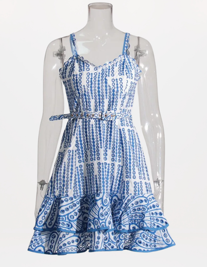 Sophisticated Sleeveless Patchwork Mini Dress with Belted High Waist