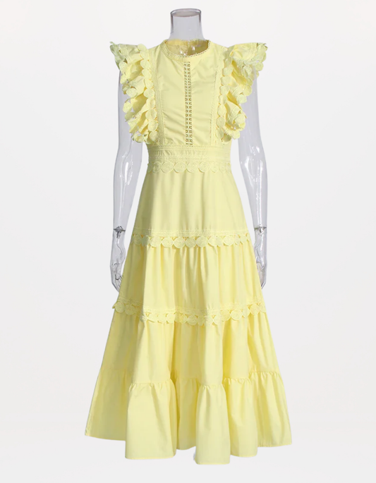 Timeless Richelieu Lace Ruffle Dress – Elegant Summer Midi for Women