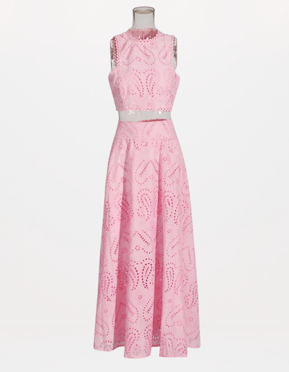 Hollow-Out Two-Piece Set Sleeveless Top & High-Waist Skirt