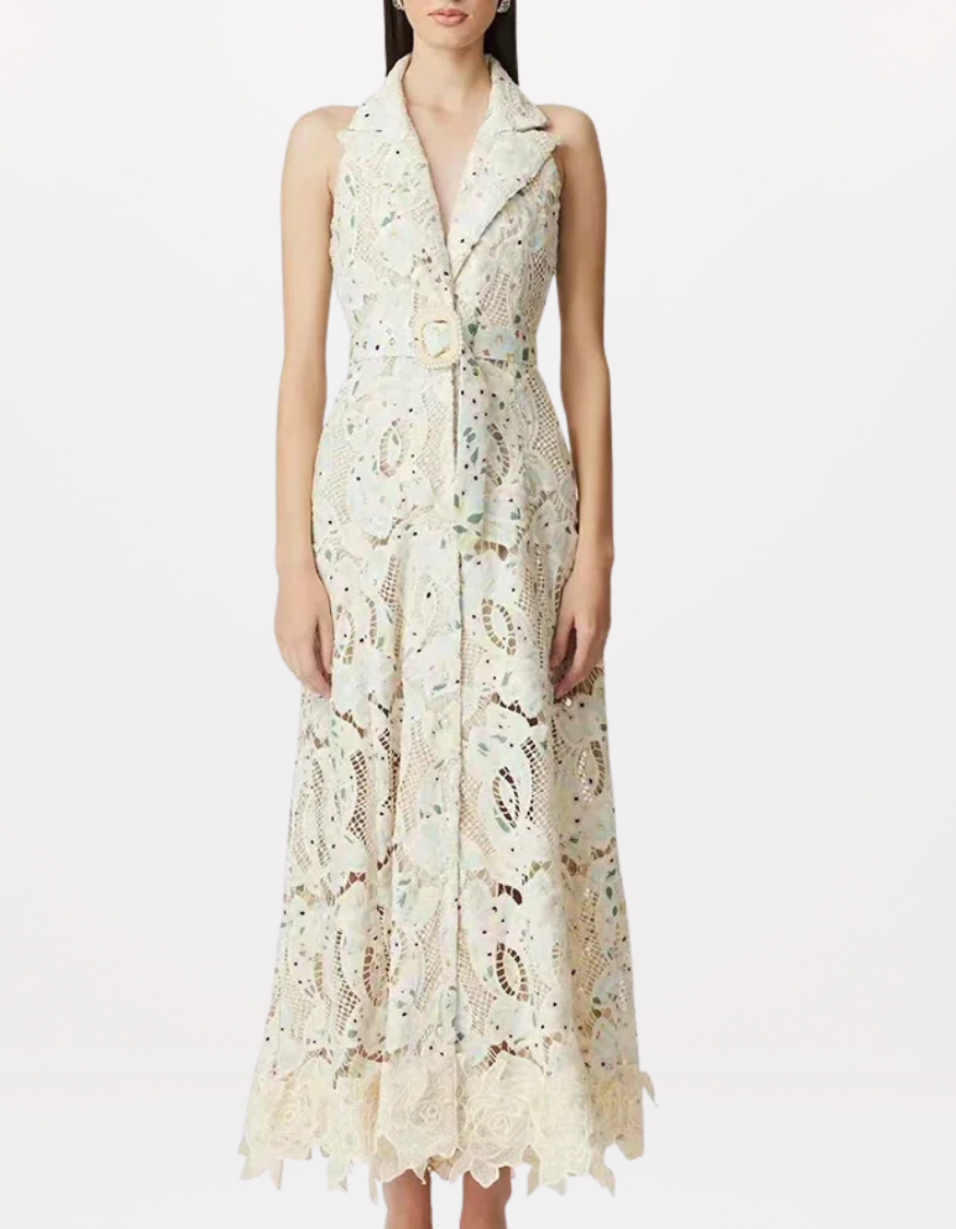 Elegant Patchwork Sleeveless Dress Lapel & Lace-Up Detail Temperament Chic