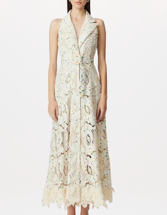 Elegant Patchwork Sleeveless Dress Lapel & Lace-Up Detail Temperament Chic