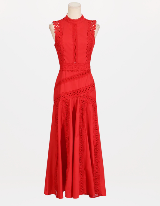 Red Richelieu Embroidered Maxi Dress – Sleeveless High Neck A-Line Silhouette
