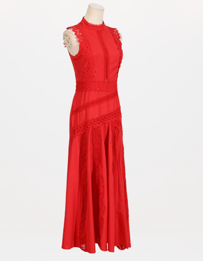 Red Richelieu Embroidered Maxi Dress – Sleeveless High Neck A-Line Silhouette