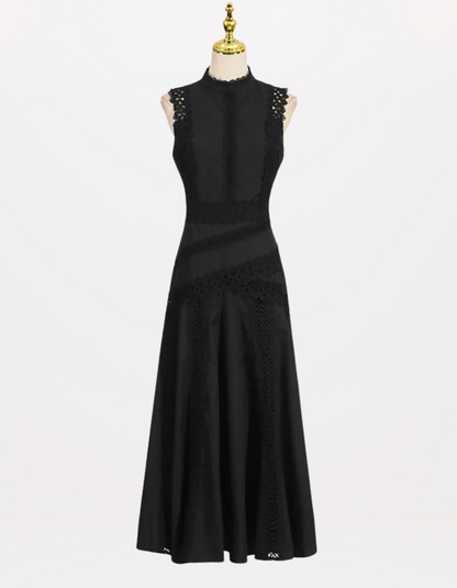 Red Richelieu Embroidered Maxi Dress – Sleeveless High Neck A-Line Silhouette