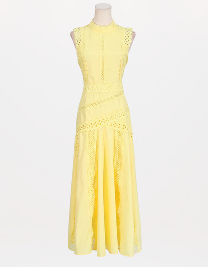 Red Richelieu Embroidered Maxi Dress – Sleeveless High Neck A-Line Silhouette