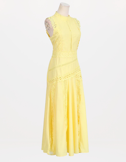 Red Richelieu Embroidered Maxi Dress – Sleeveless High Neck A-Line Silhouette