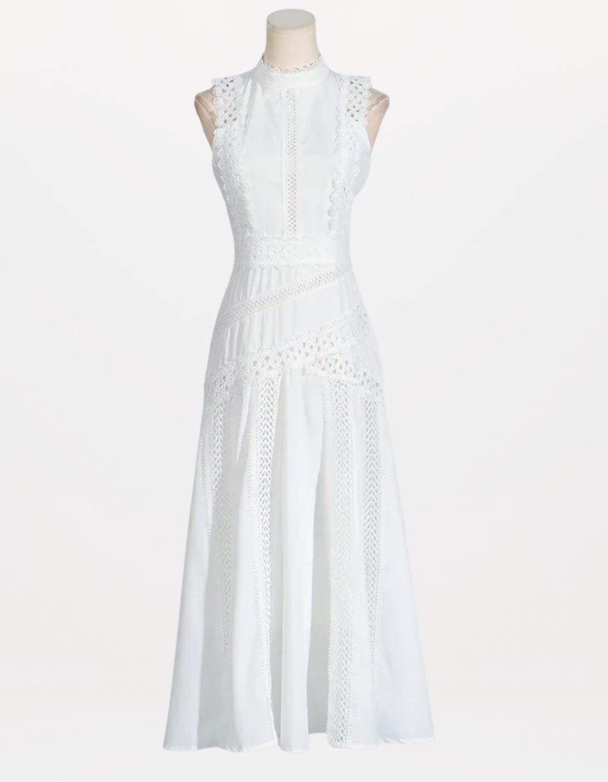 Red Richelieu Embroidered Maxi Dress – Sleeveless High Neck A-Line Silhouette