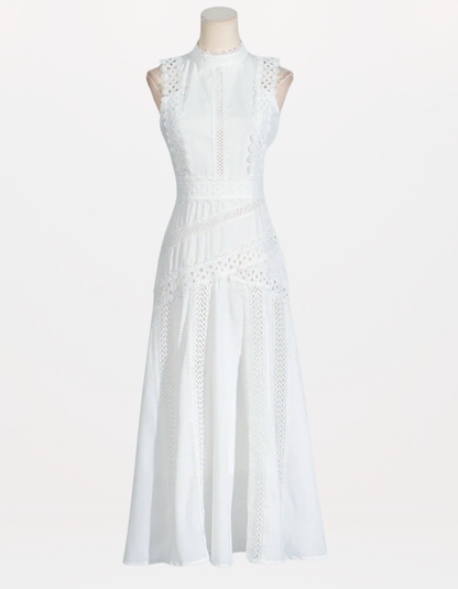 Red Richelieu Embroidered Maxi Dress – Sleeveless High Neck A-Line Silhouette