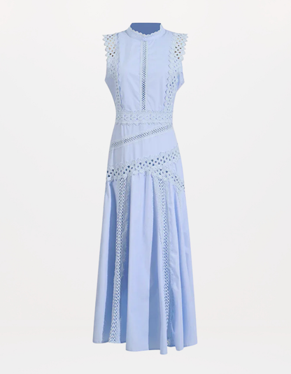 Red Richelieu Embroidered Maxi Dress – Sleeveless High Neck A-Line Silhouette