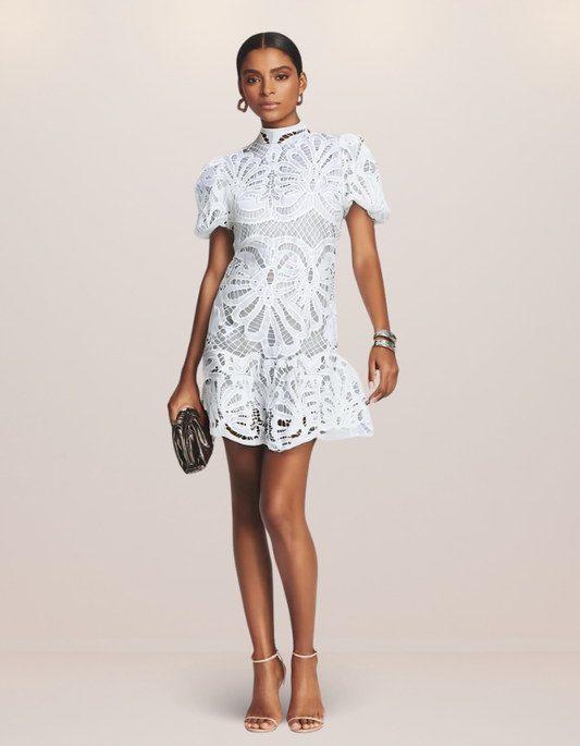 Lace Mock Neck Puff Sleeve Dress
