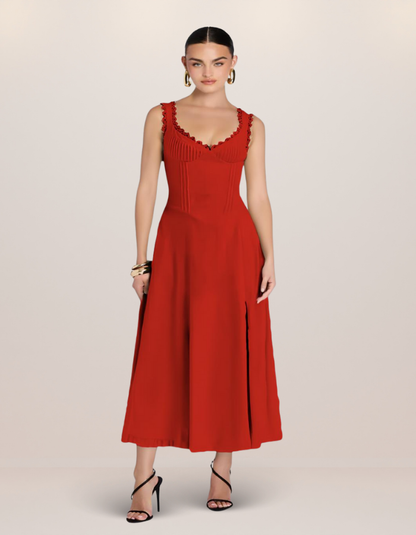 Scalloped V-Neck Midi Dress with Back Lace-Up