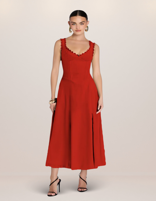 Scalloped V-Neck Midi Dress with Back Lace-Up