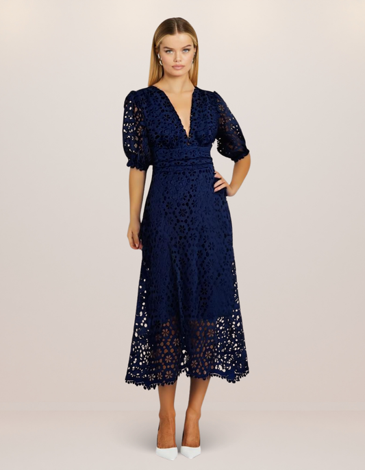 Eyelet Lace V-Neck Midi Dress with Puff Sleeves