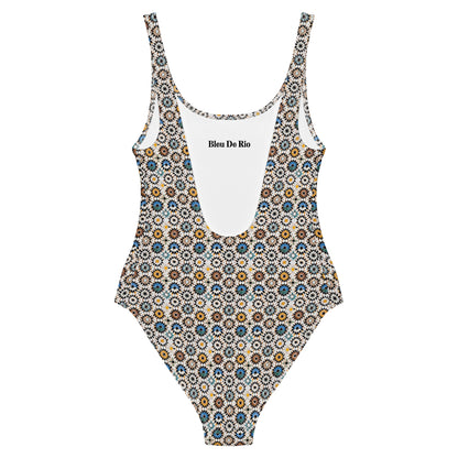 Moroccan Brown and Blue Mosaic Tiles One-Piece Swimsuit