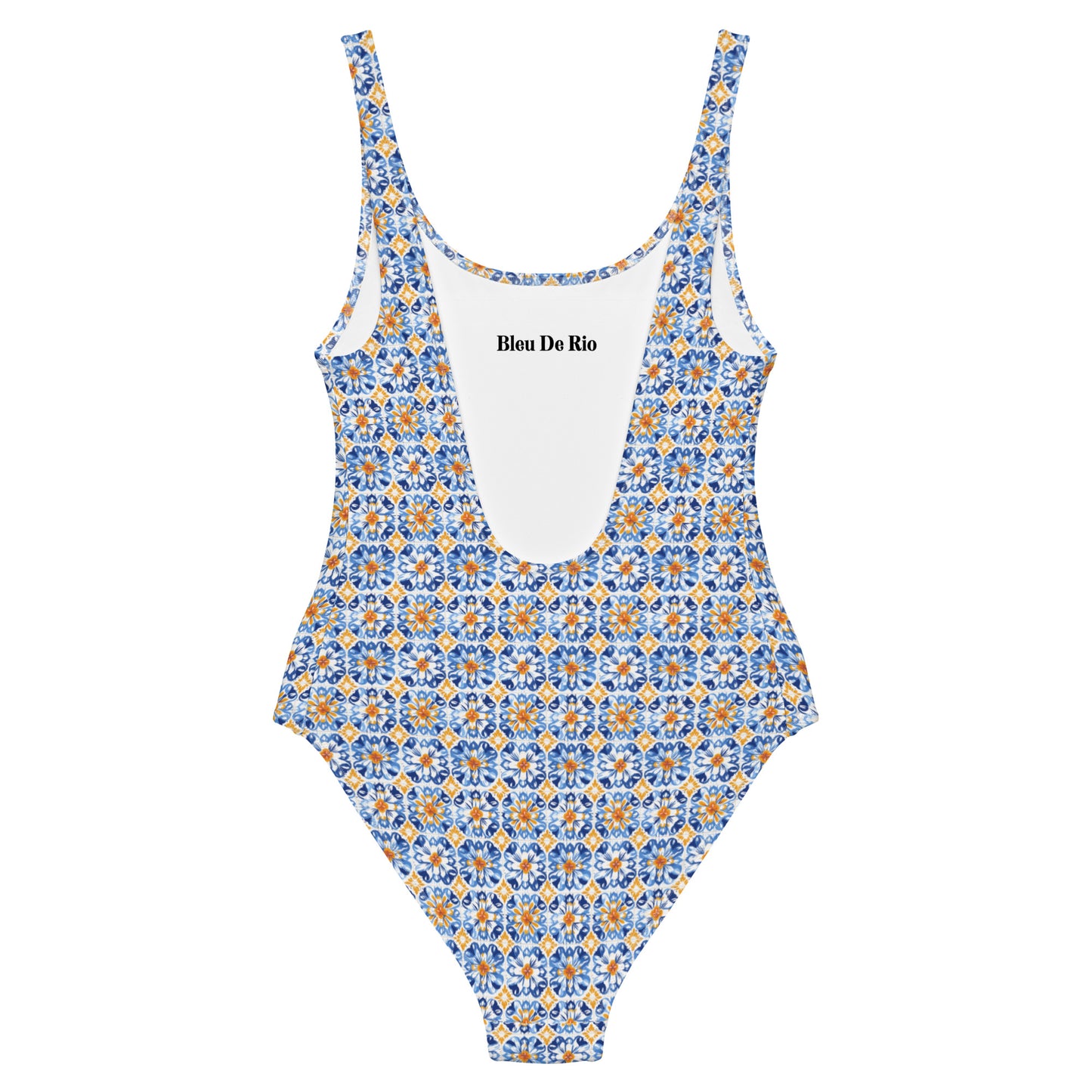 Vintage Portuguese Orange and Blue Tile Print One-Piece Swimsuit