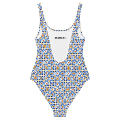 Vintage Portuguese Orange and Blue Tile Print One-Piece Swimsuit