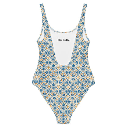 Vintage Portugal Blue and Yellow Mosaic Tile Print One-Piece Swimsuit