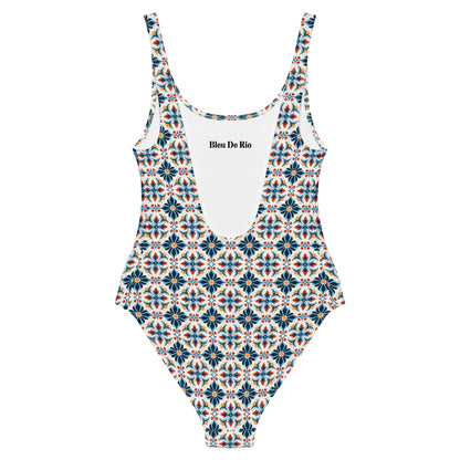 Portuguese Red and Blue Mosaic Tile Print One-Piece Swimsuit