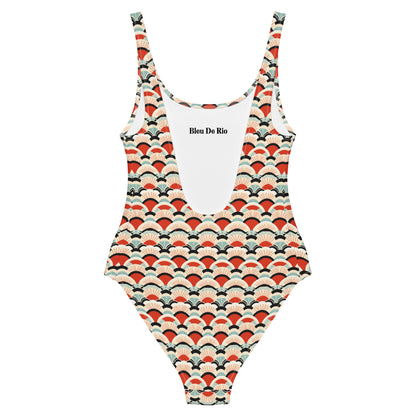 Japanese Red and Turquoise Print One-Piece Swimsuit