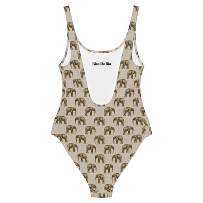 African Beige Elephant Print One-Piece Swimsuit