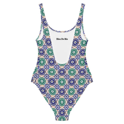 Moroccan Blue and Green Tiles Print One-Piece Swimsuit