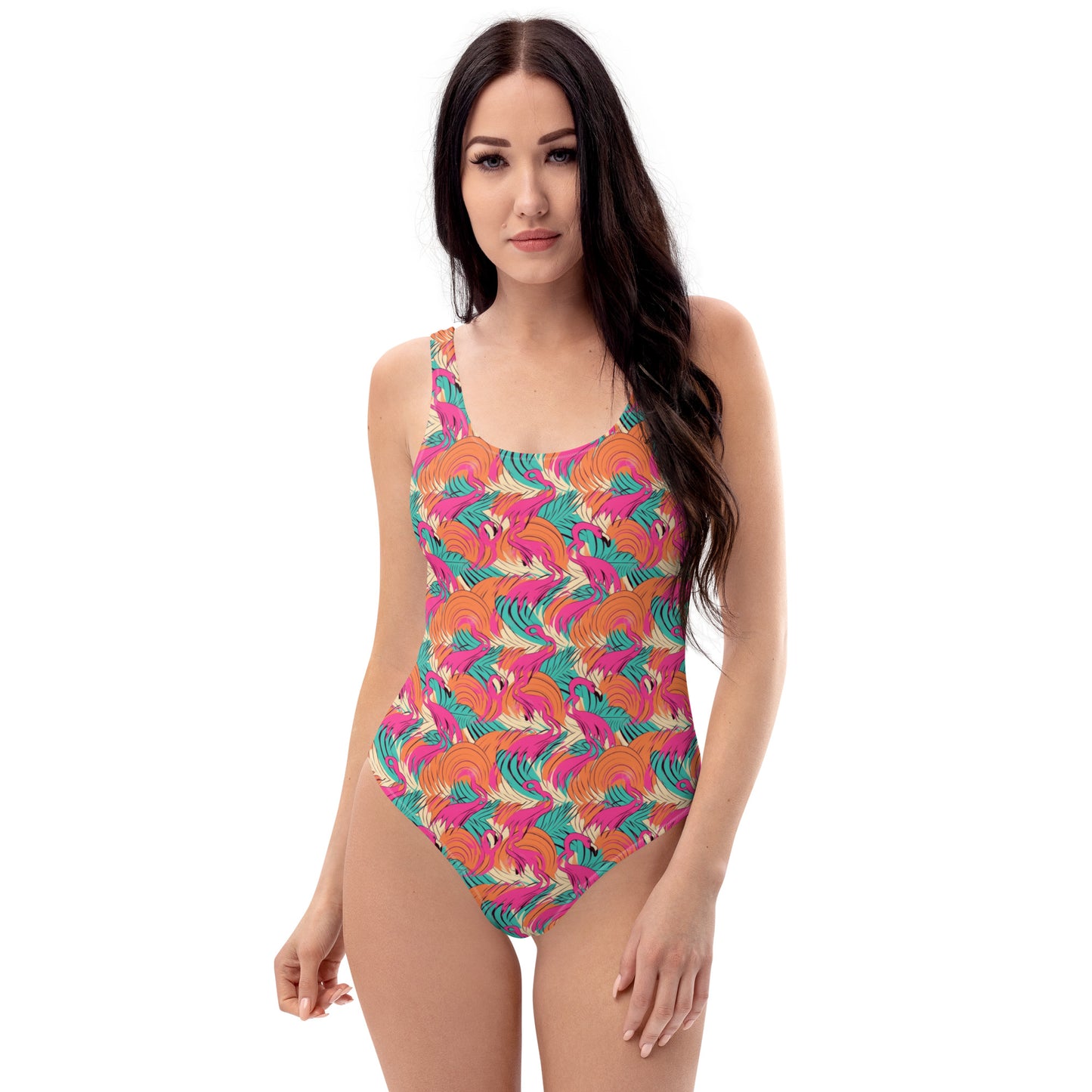 Turquoise and Orange Flamingo Animal Print One-Piece Swimsuit