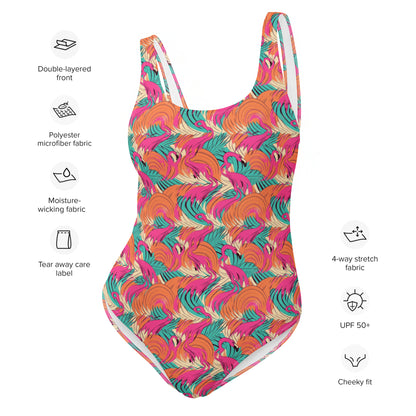 Turquoise and Orange Flamingo Animal Print One-Piece Swimsuit