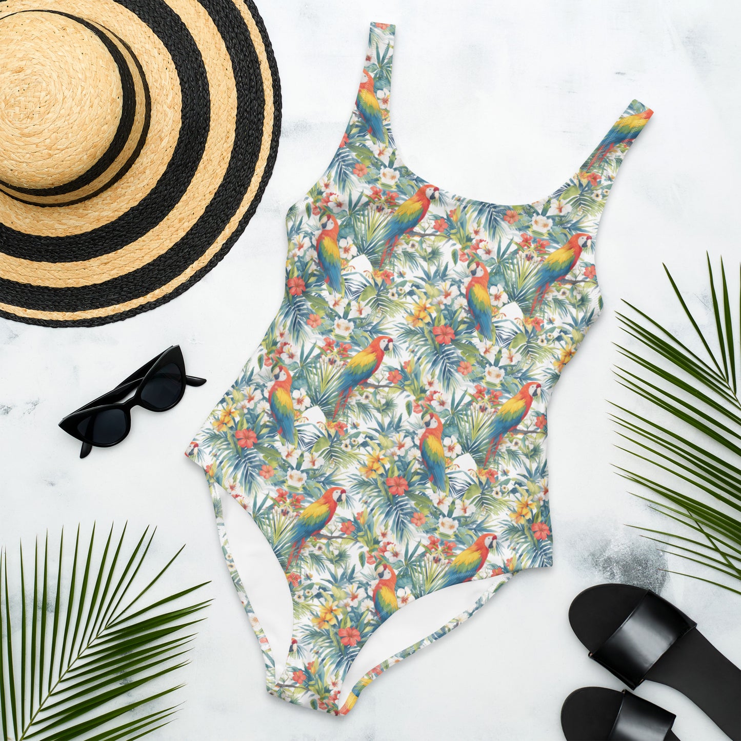 Palm Leaves Parrot Bird Animal Print One-Piece Swimsuit