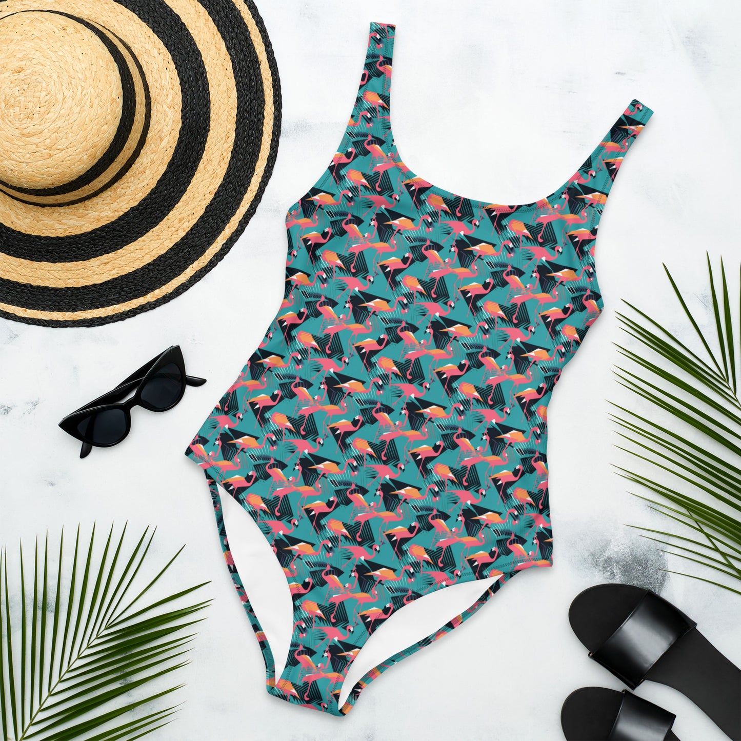 90's Flamingo Animal Print One-Piece Swimsuit