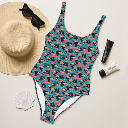 90's Flamingo Animal Print One-Piece Swimsuit