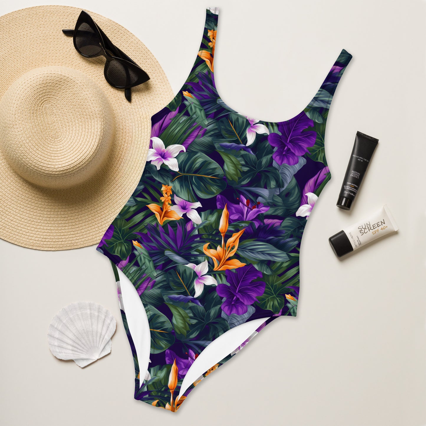 Purple Flower Jungle Print One-Piece Swimsuit